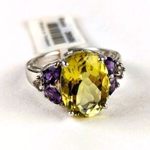 NEW Lemon Citrine, Amethyst & White Topaz Silver Ring Size 7